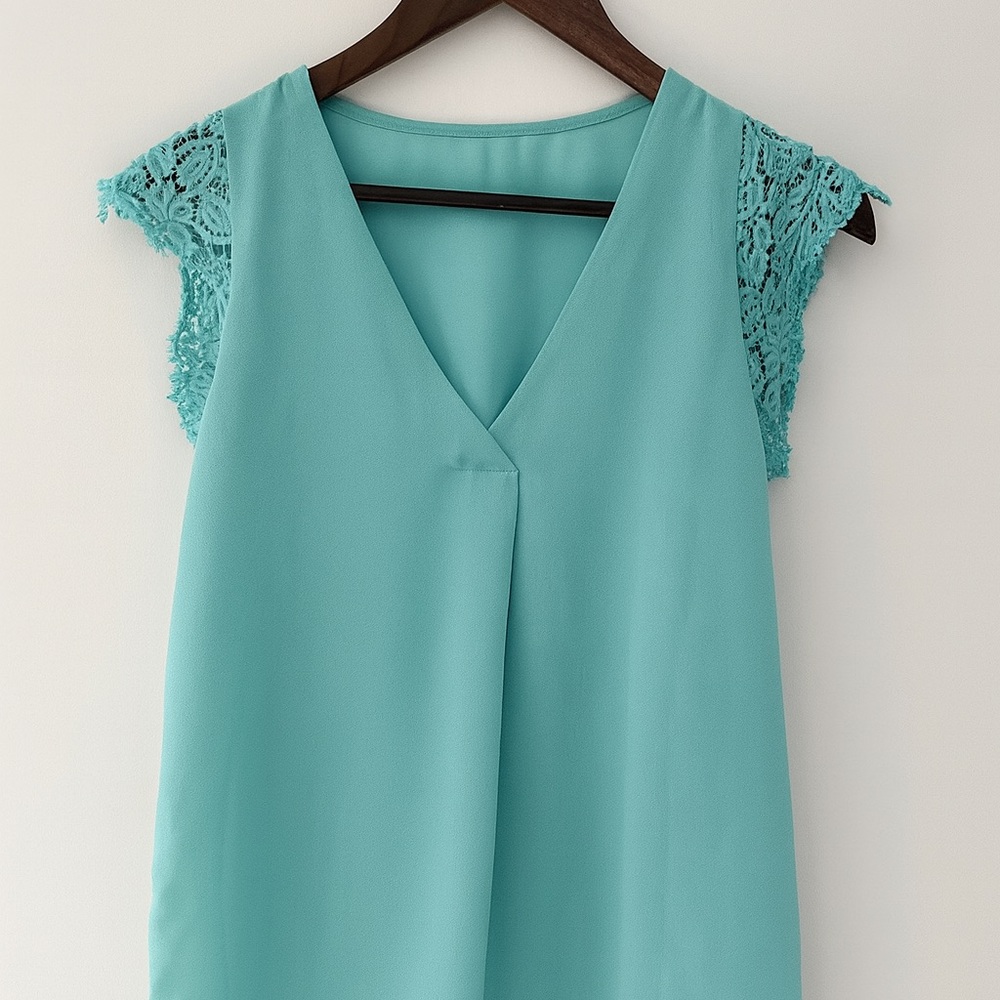 Elegant Teal Lace Sleeve Women's Top